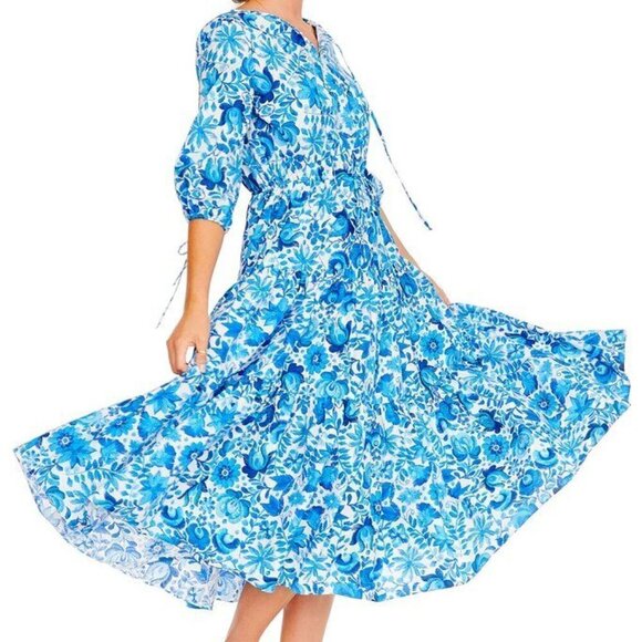 MDS Stripes Dresses & Skirts - MDS Stripes Blue Floral Midi Dress 3/4 Sleeve V-Neck Keyhole Tie Front Cotton